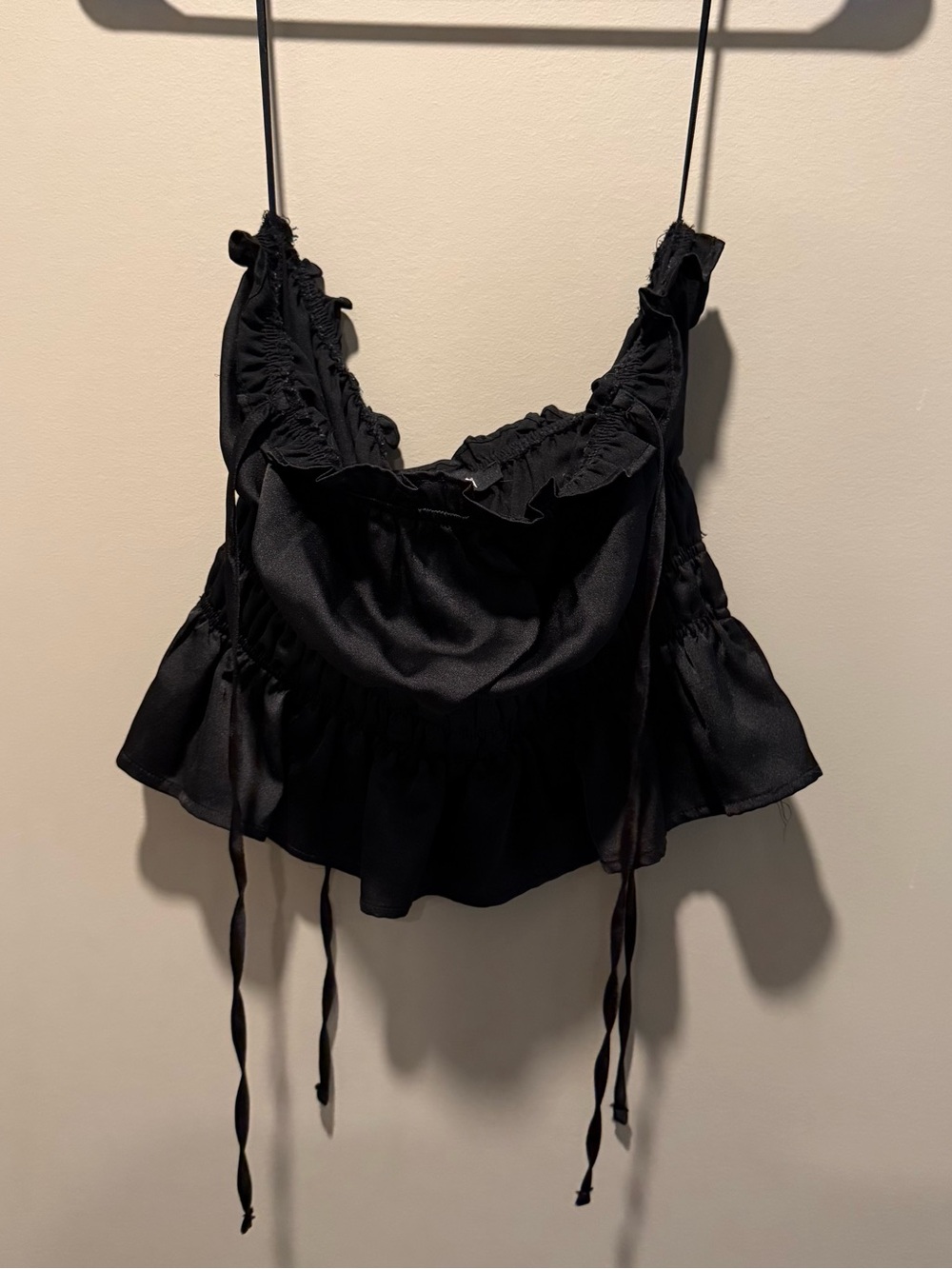 Trixxi Black Ruffled Satin Camisole with Tie Details